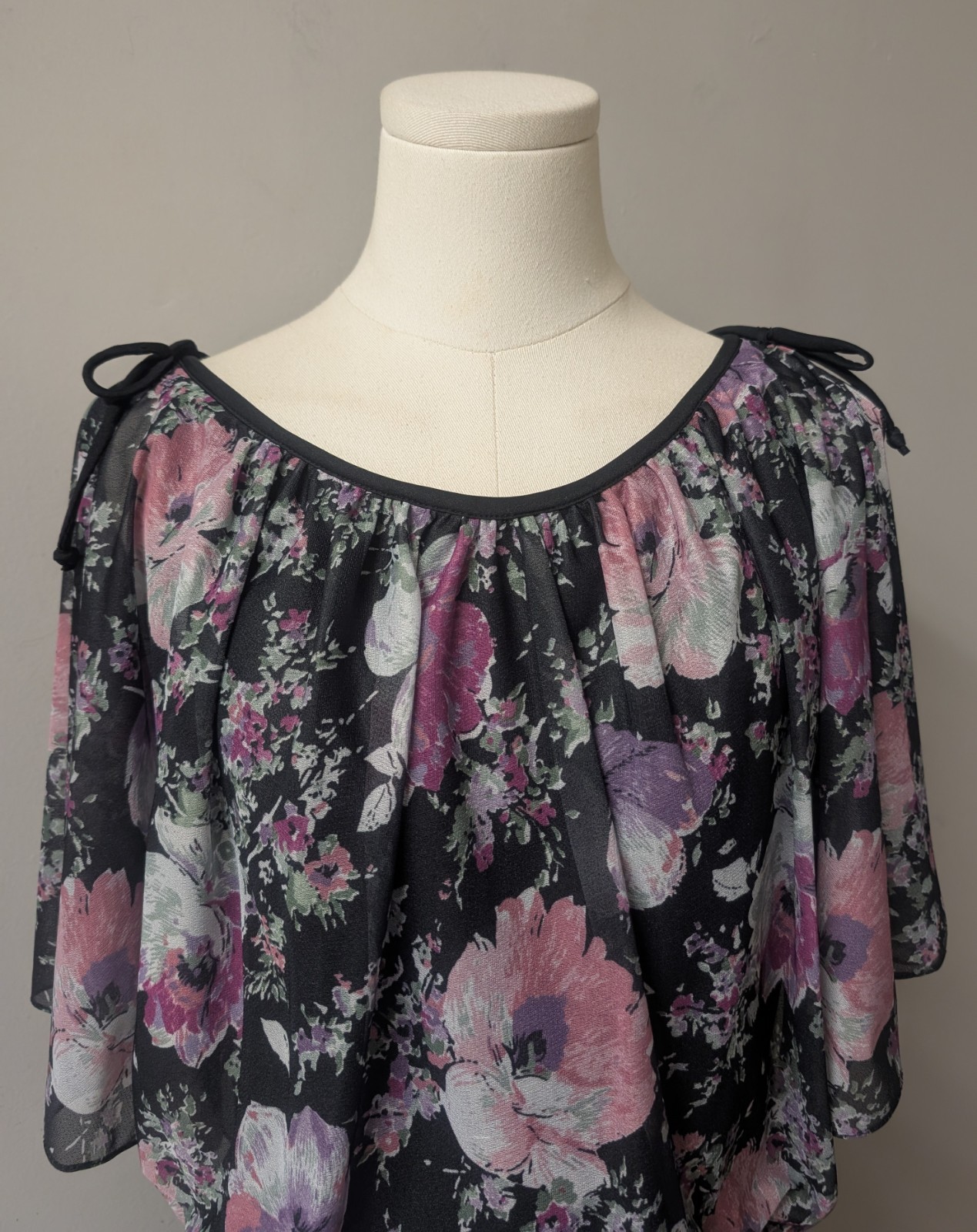 Vintage 70’s Disco Blouson Flutter Split Sleeve Dress Deadstock Black Floral S