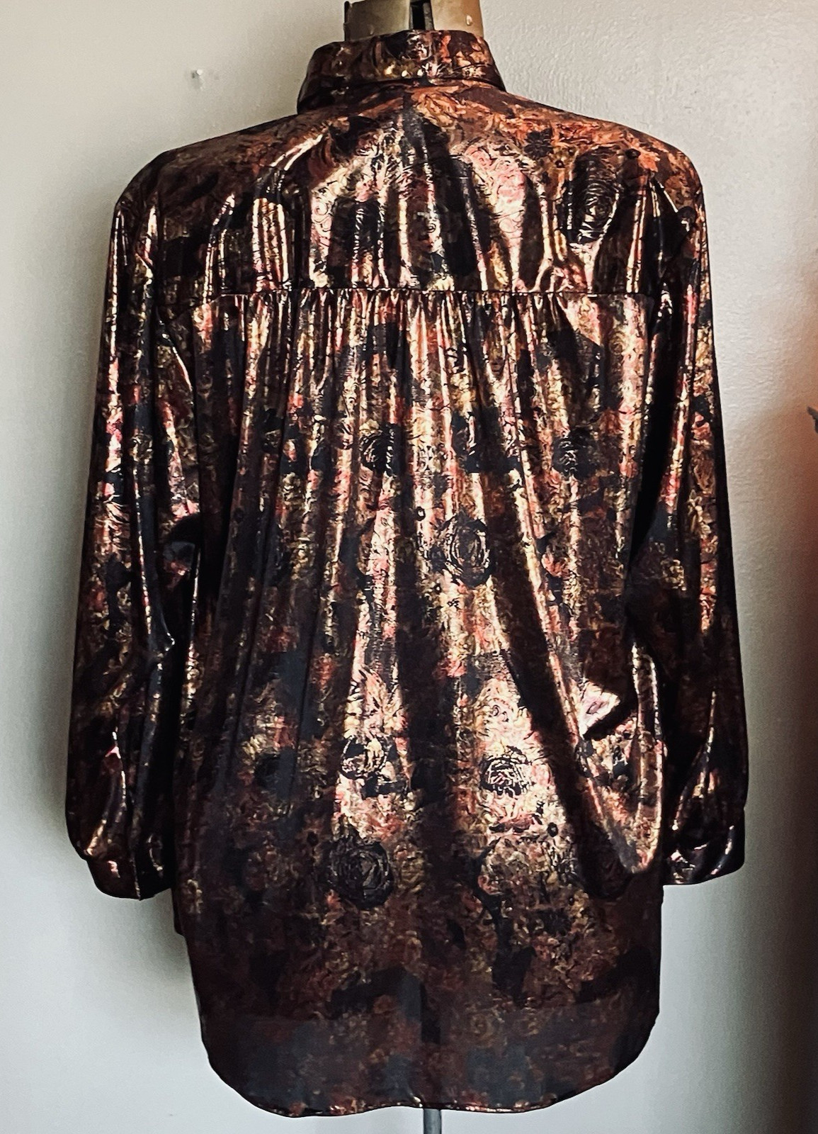 VTG Foil Button Down Blouse 22w Joanne Plus Black Rose Gold Long Sleeve 80s 90s