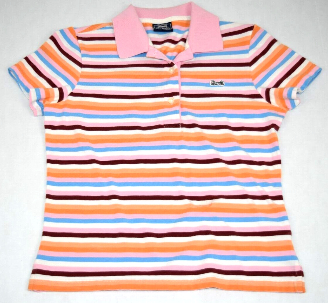 Vintage Womens Le TIGRE Shirt Size S/M 90s Pink Blue Orange Stripes White Tiger