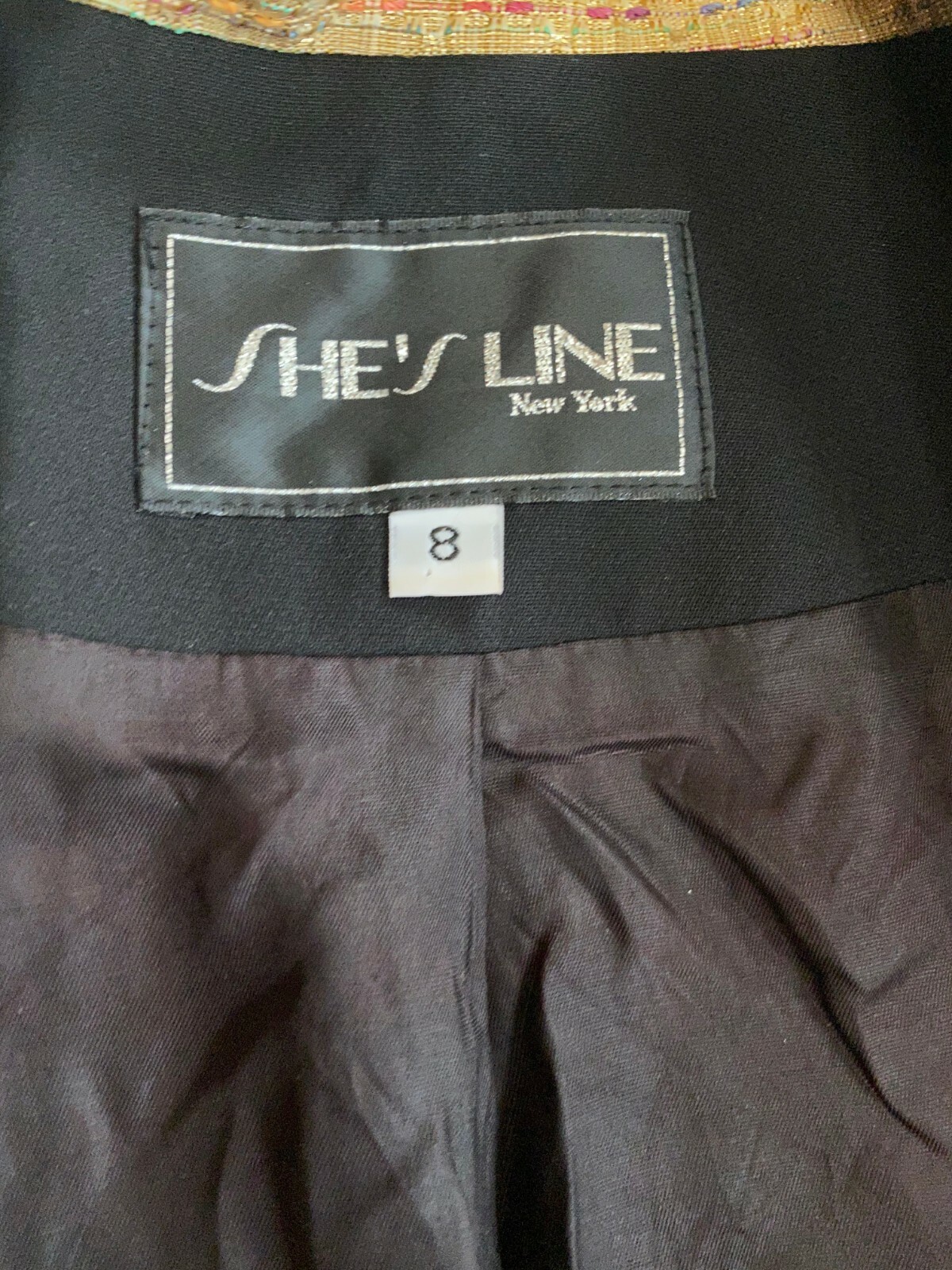 She’s Line New York Women’s Vintage Blazer Black and Gold Collar Multicolor Sz 8