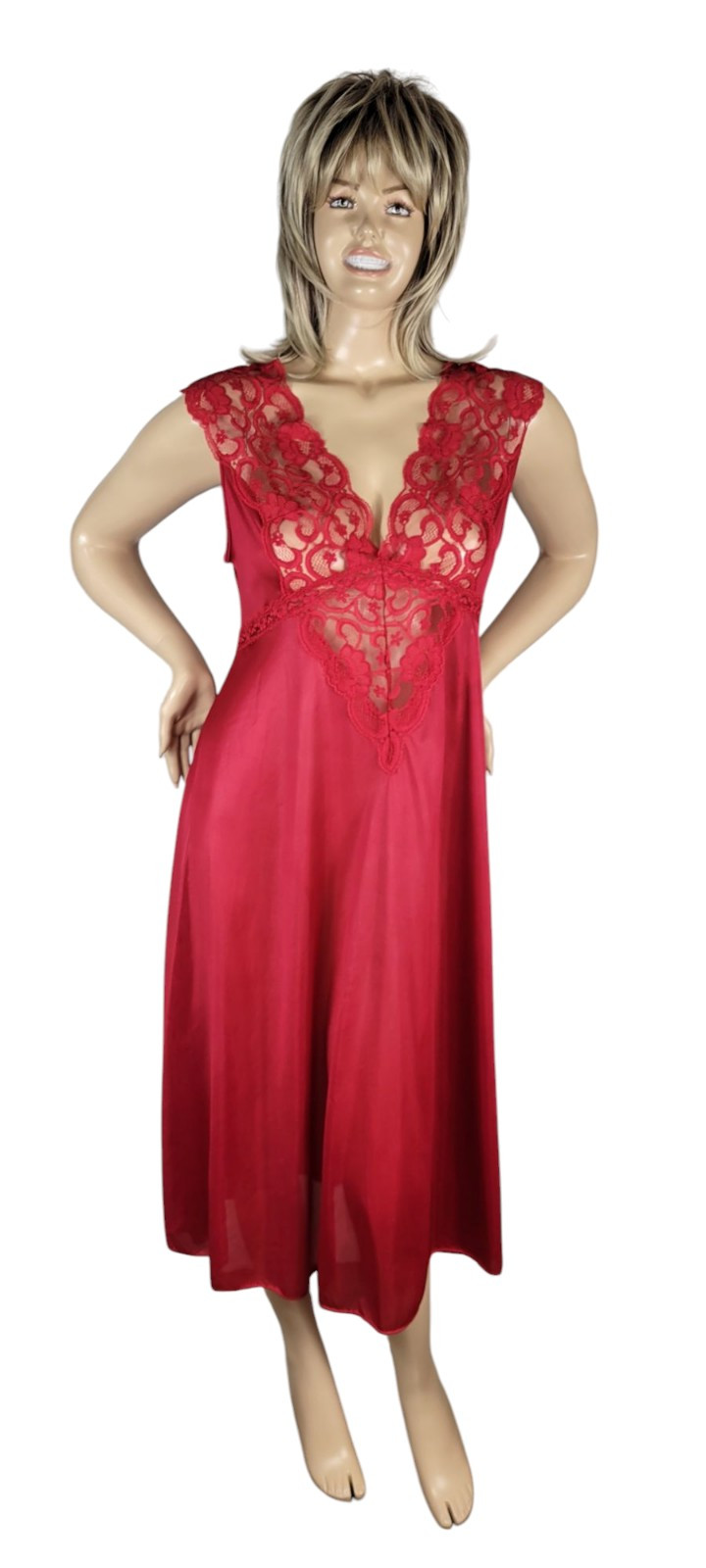 Vintage Soft Moments New York Red Nylon Satin & Semi Sheer Lace Slip Nightgown L