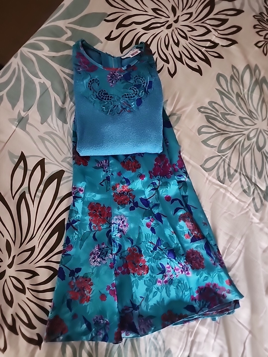 Vintage Anthony Sicari Long Sleeve Knit Top Skirt Set Teal Blue/Multicolored 12