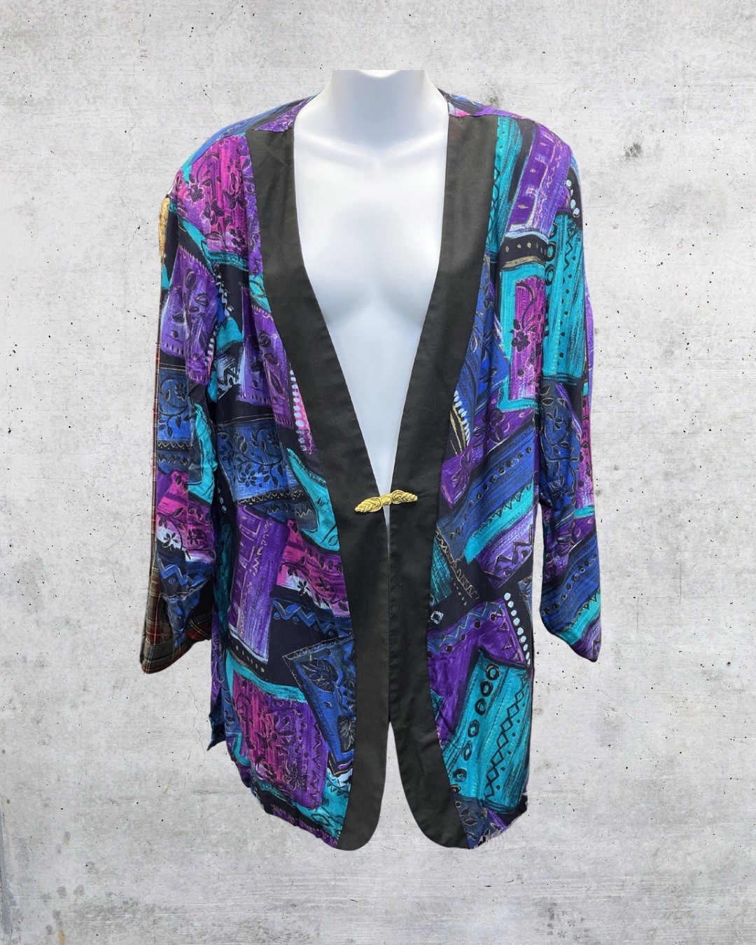 Vintage 90s Maggie Sweet Abstract Jacket Open Front Black Trim Artsy Topper