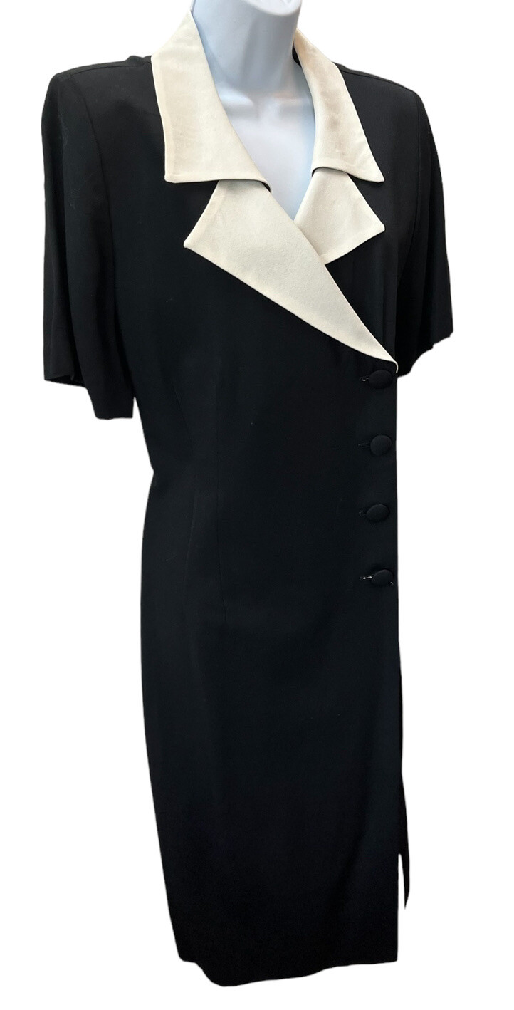 Vintage 1980s Bihari Secretary Dress 12 Short Sleeve Collar Buttons Black Ivory