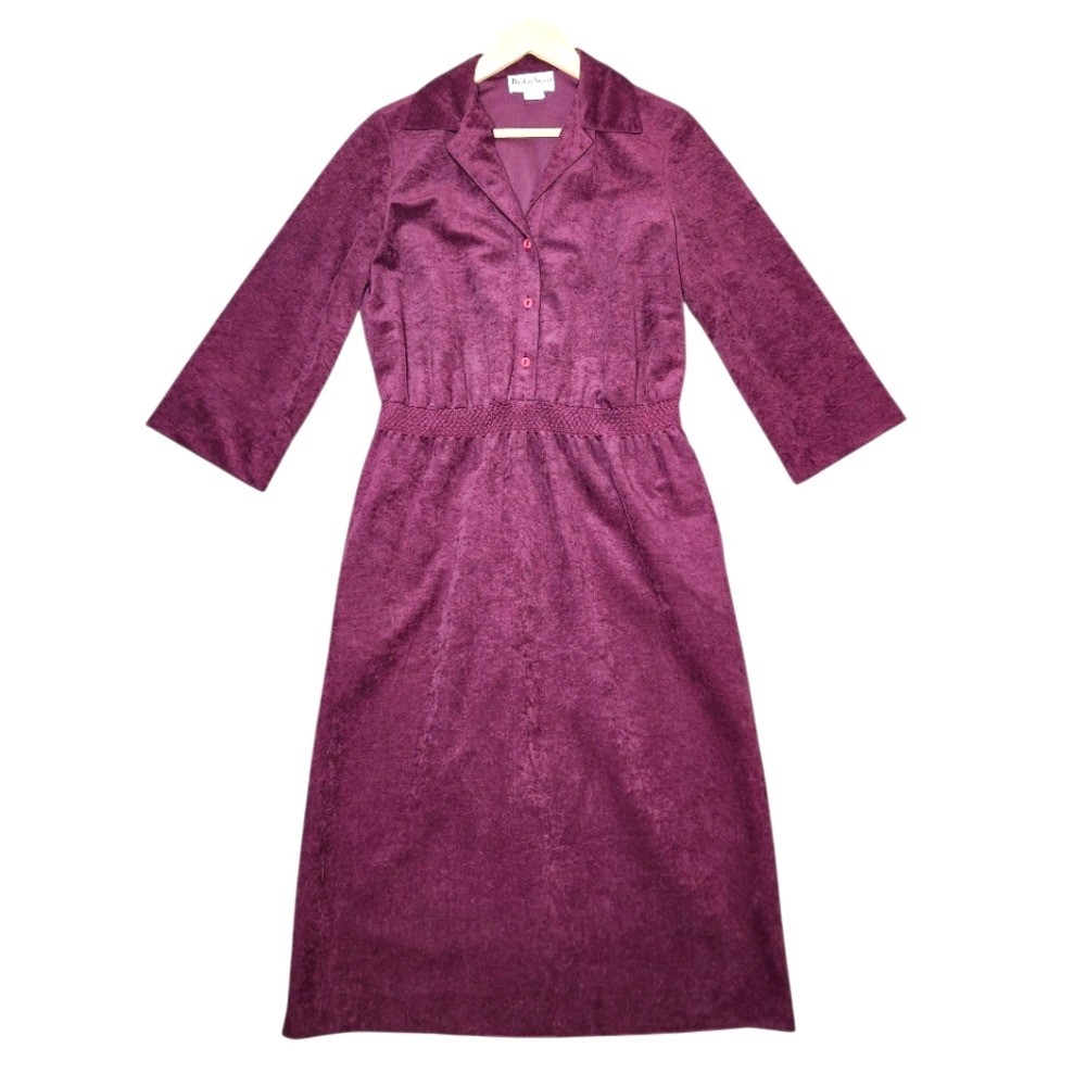 Vintage 70s Purple Velvet Midi Button Dress Collar Boho Cottage Mod Granny 12