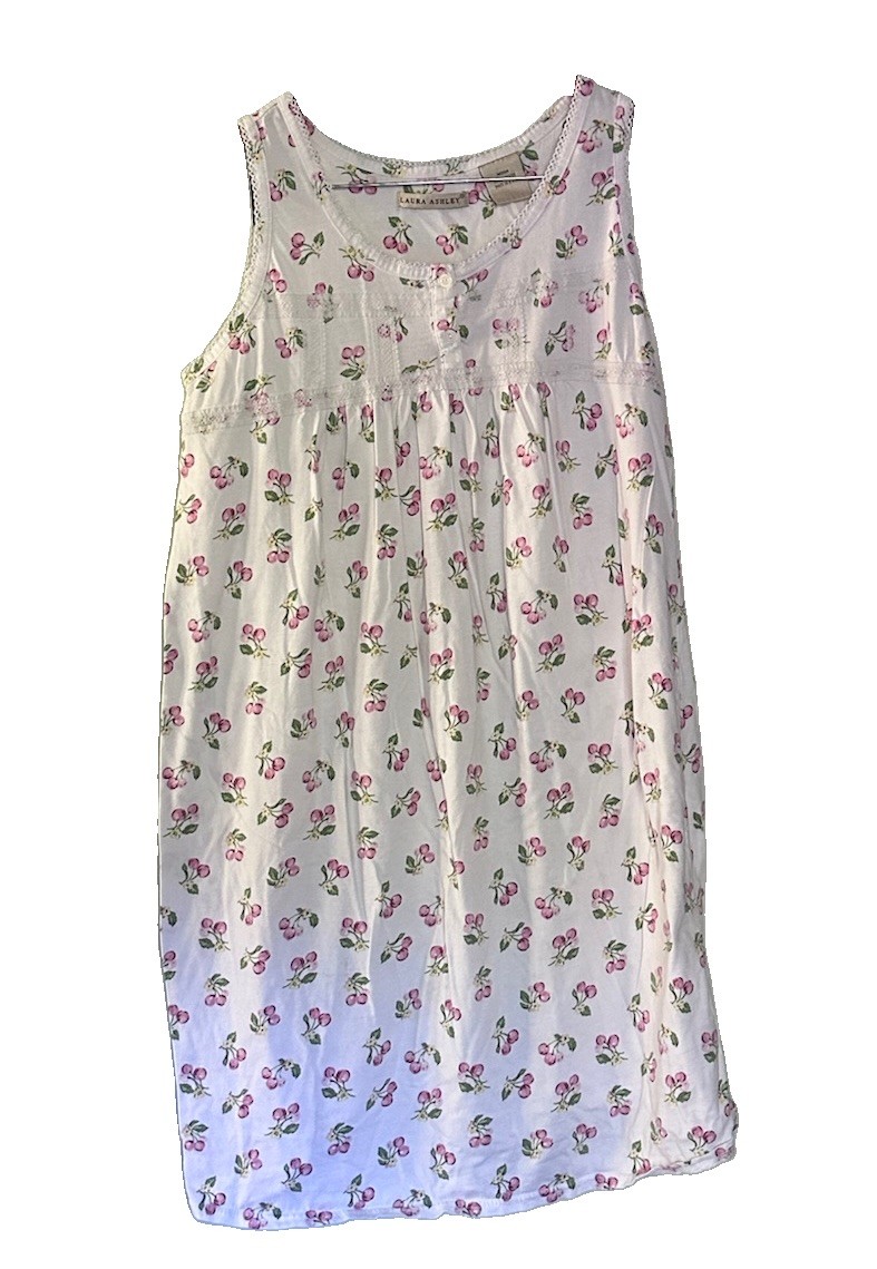 Vtg Laura Ashley 100% Cotton Nightgown Cherry Print Medium Lace Trim White Pink