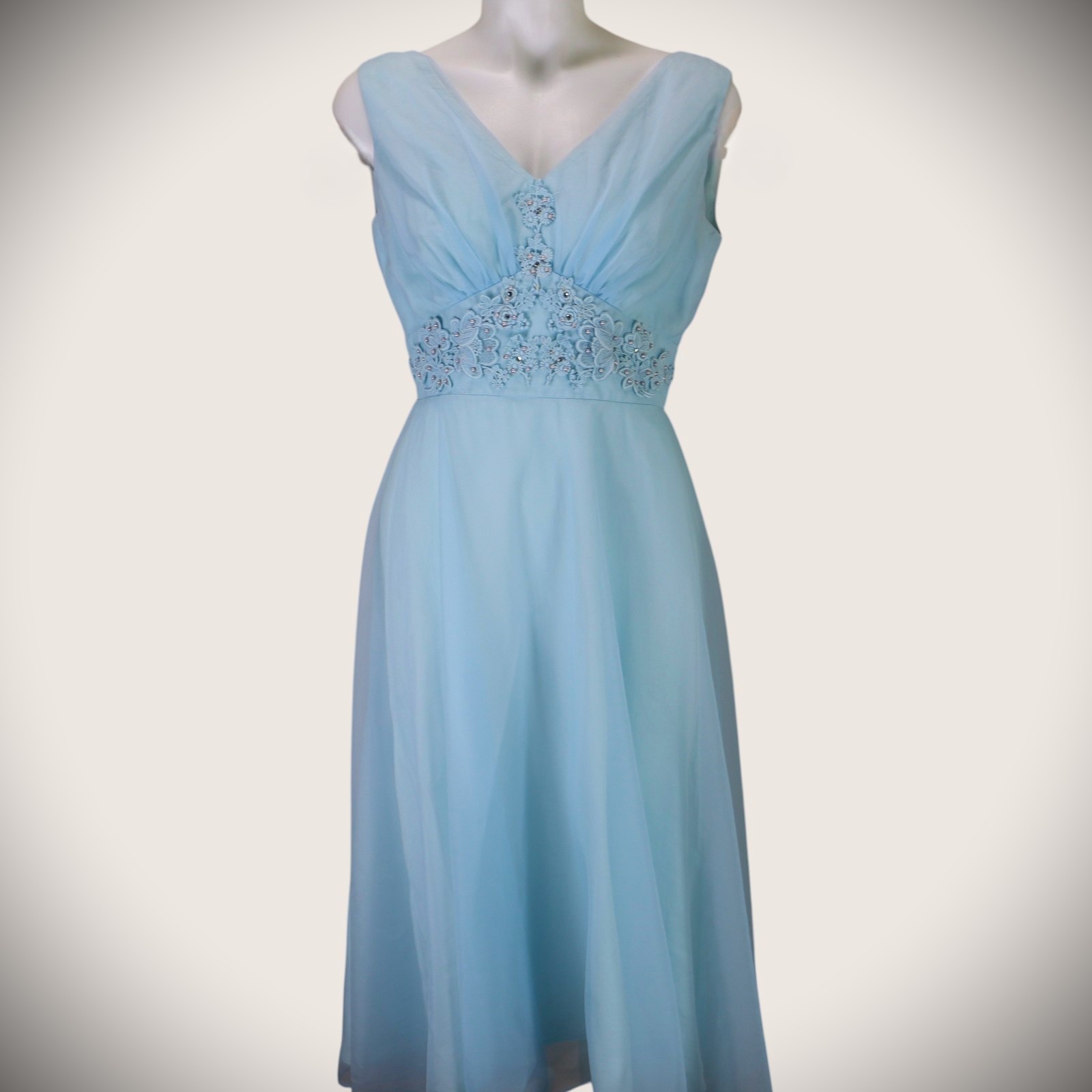 Vintage 1960s Aqua Blue Chiffon Bridesmaid Dress Midi Empire Waist Beaded 6-8