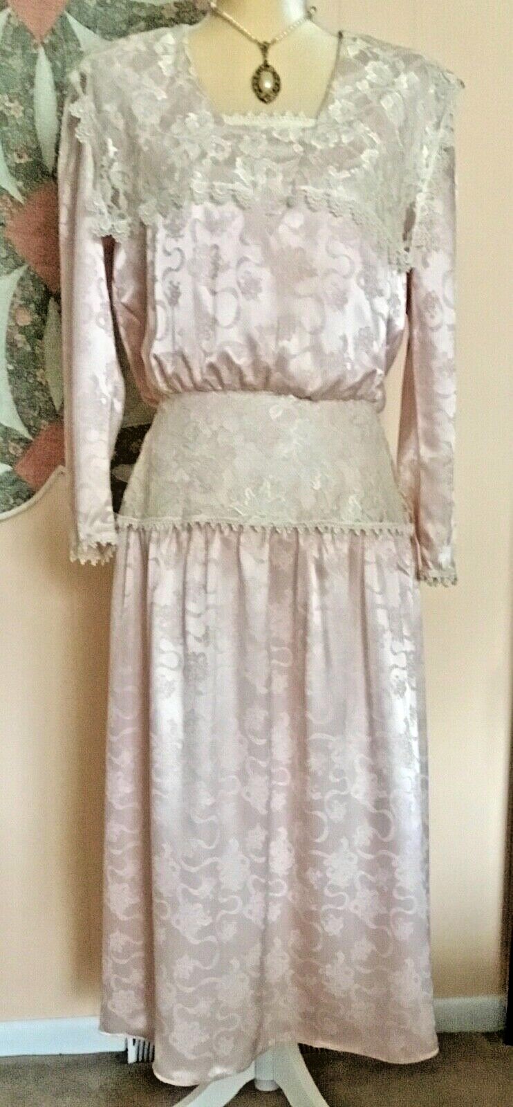 VTG JESSICA MC CLINTOCK LONG DRESS SZ 11 PEACHY PINK BLUSH W/ECRU LACE USA EXC.