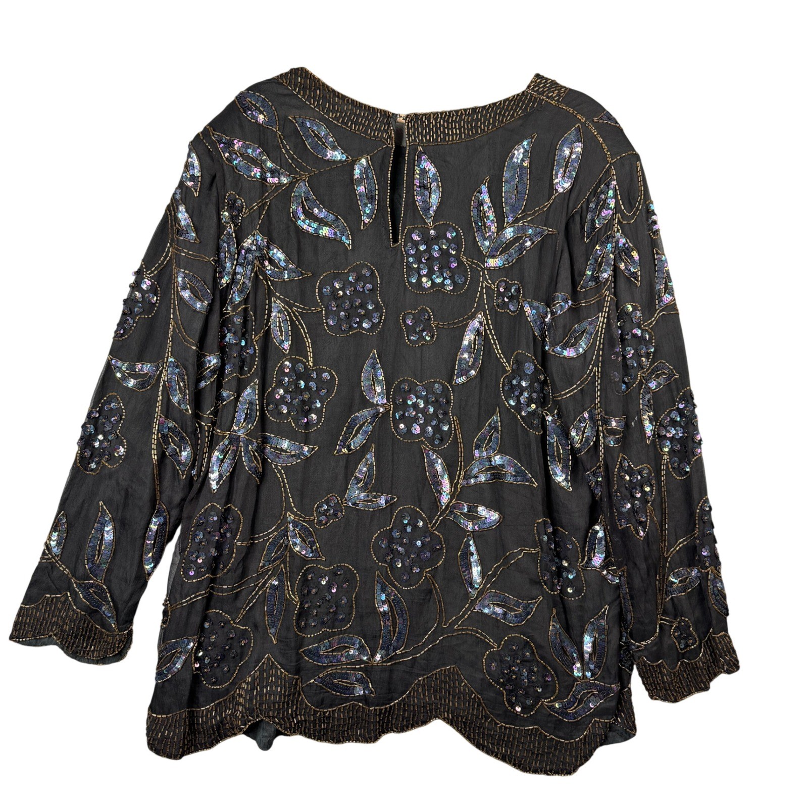 Scala Vintage 100% Silk Beaded Sequin Floral Blouse Black Iridescent Plus 1X