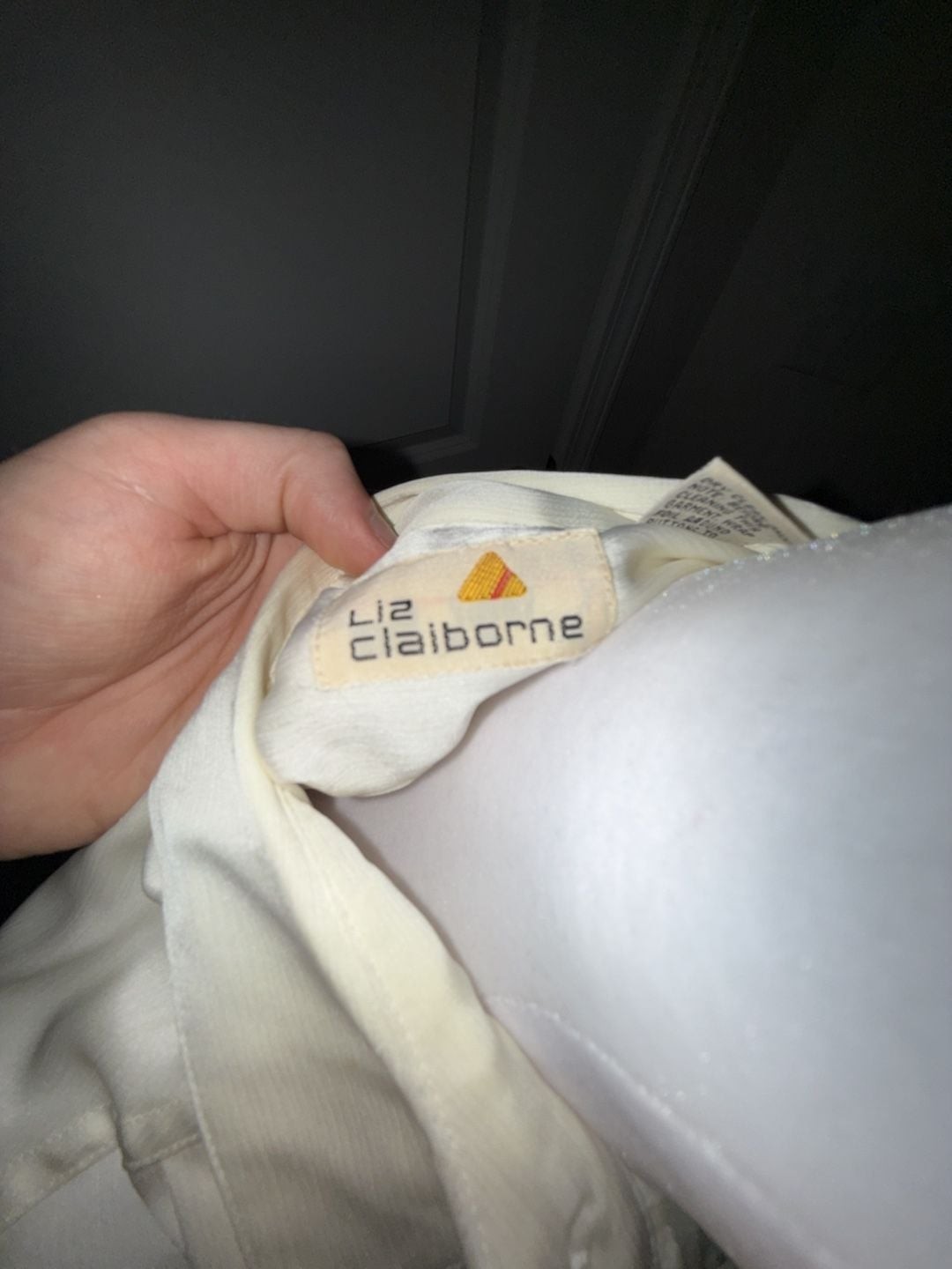 Vintage Liz Claiborne Cream Satin Tuxedo Style Pleated Blouse