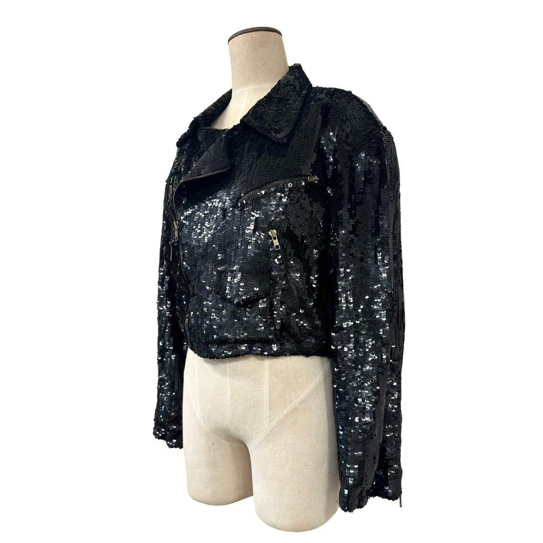 Vintage 1980s MODI Black Sequin Zip Up Rocker Biker Glam Moto Jacket