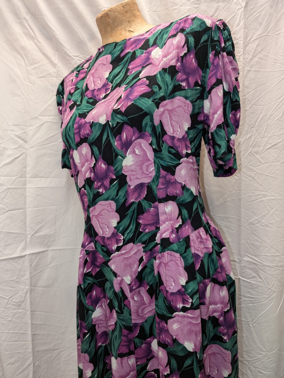 1980’s Black Purple Green White Rayon Dress by Country Romance Size 7/8