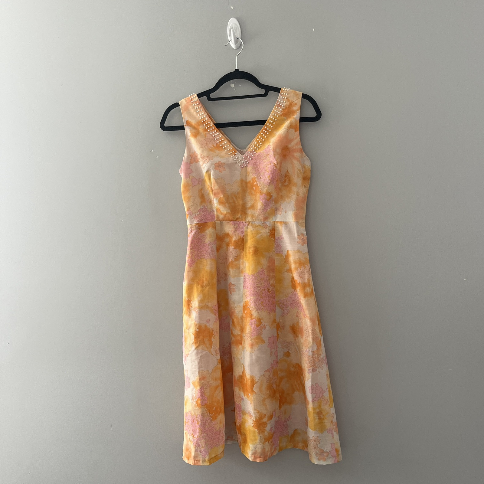 Vintage Orange and Pink Sleeveless Dress V Neck Beaded Abstract Floral Spring