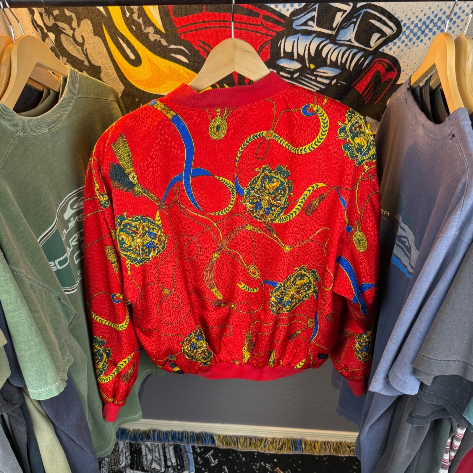 Vintage Erena by Irene Koenig Red Scarf Print Bomber Jacket Crest Gold Chain M
