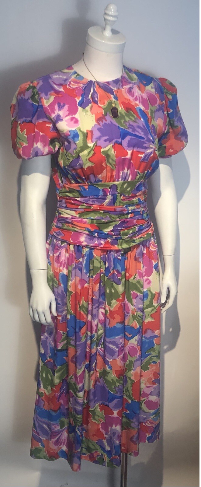 Vtg 80s HORCHOW Silk Floral Dress Size 8 Pouf Sleeves