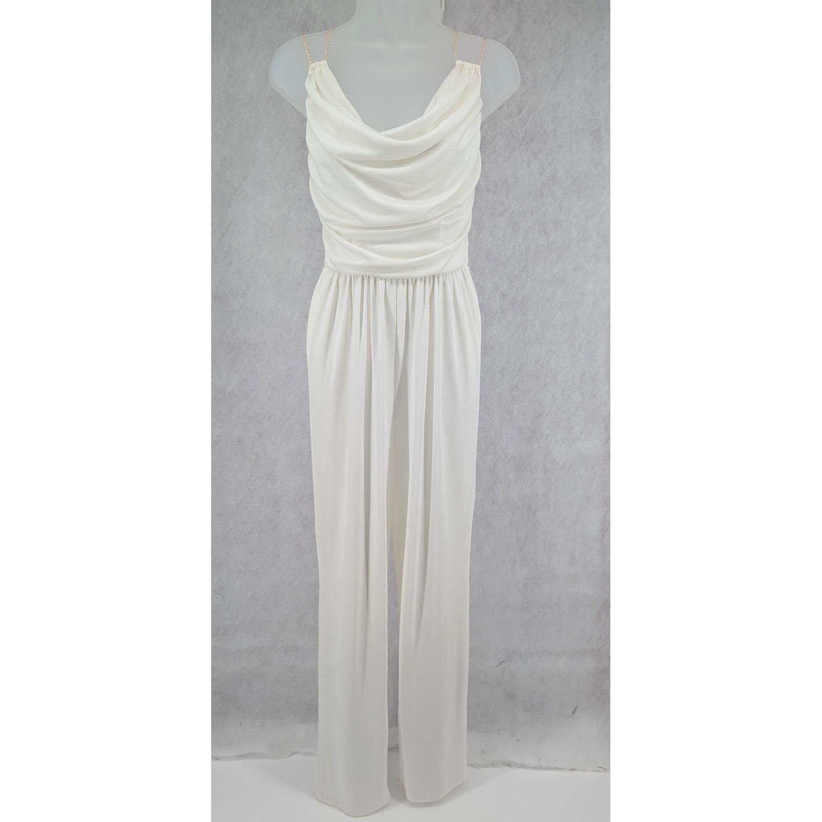 Vintage Jumpsuit Set Ivory White Cowl Neck Open Strappy Back Disco Glam Sz Small