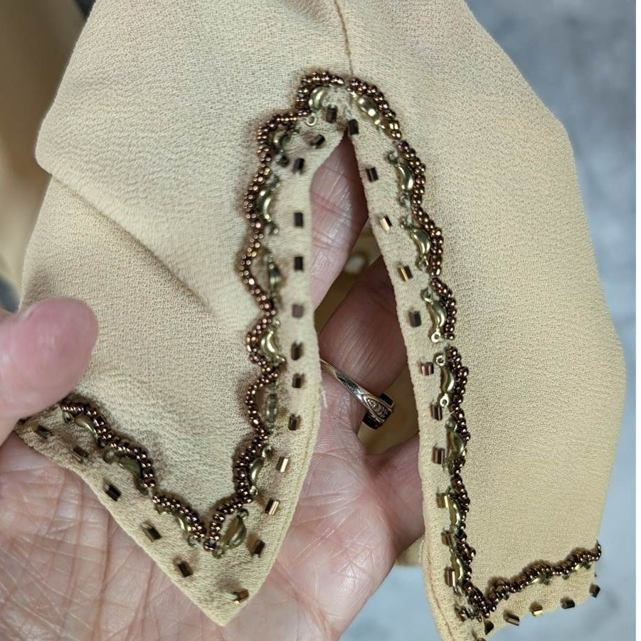 Vintage Sheer Cardigan Womens 18W Tan Jacket Long Sleeve Beaded Boho 1980s