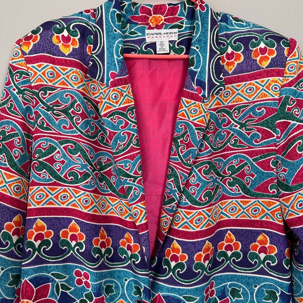 Vintage Carol Horn Women Medium Blazer Silk Floral Print Jacket 80s Arty
