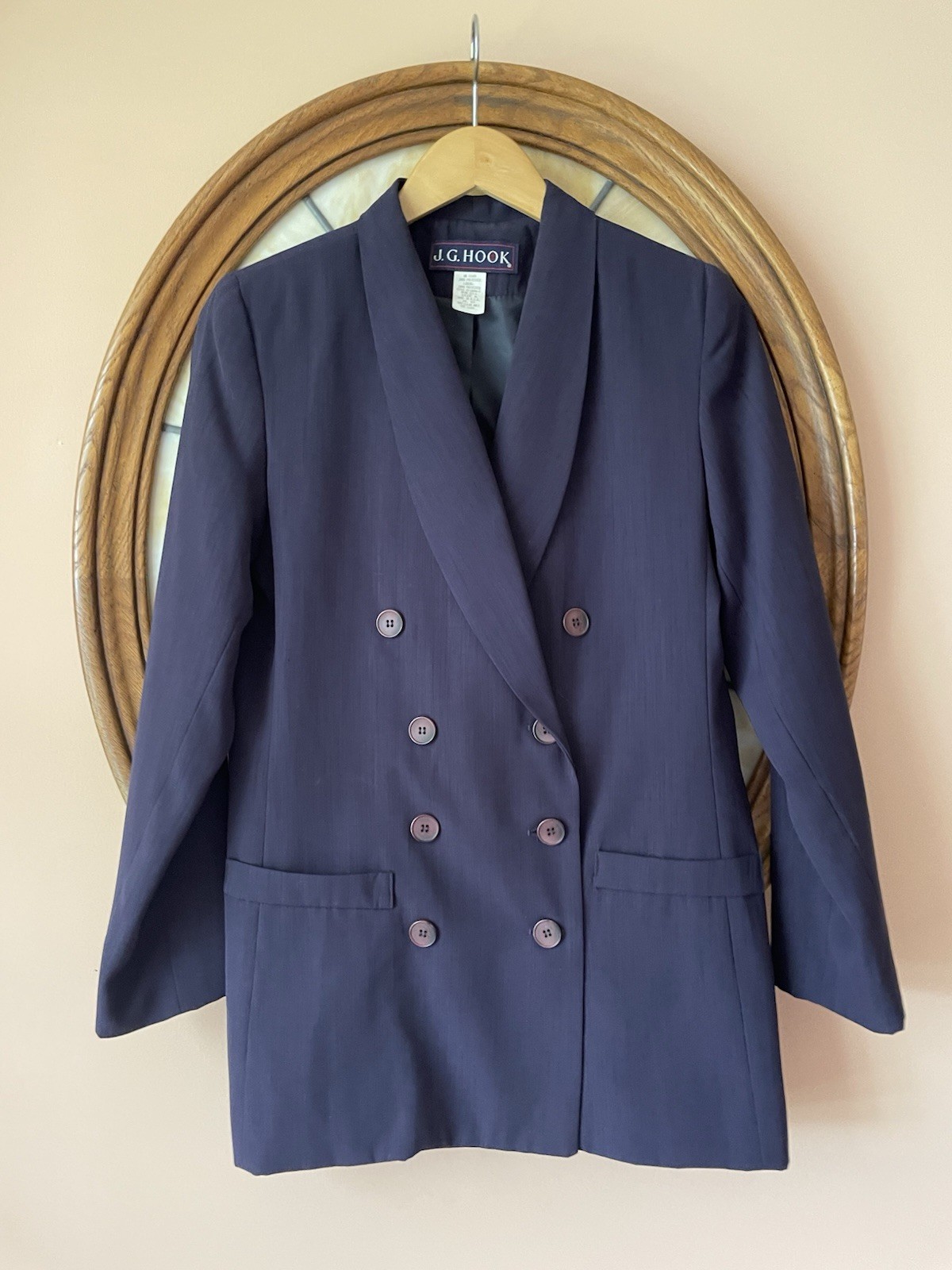 JG Hook Vintage 80s Navy Poly Double Breasted Lined Shoulder Pads Jacket S6