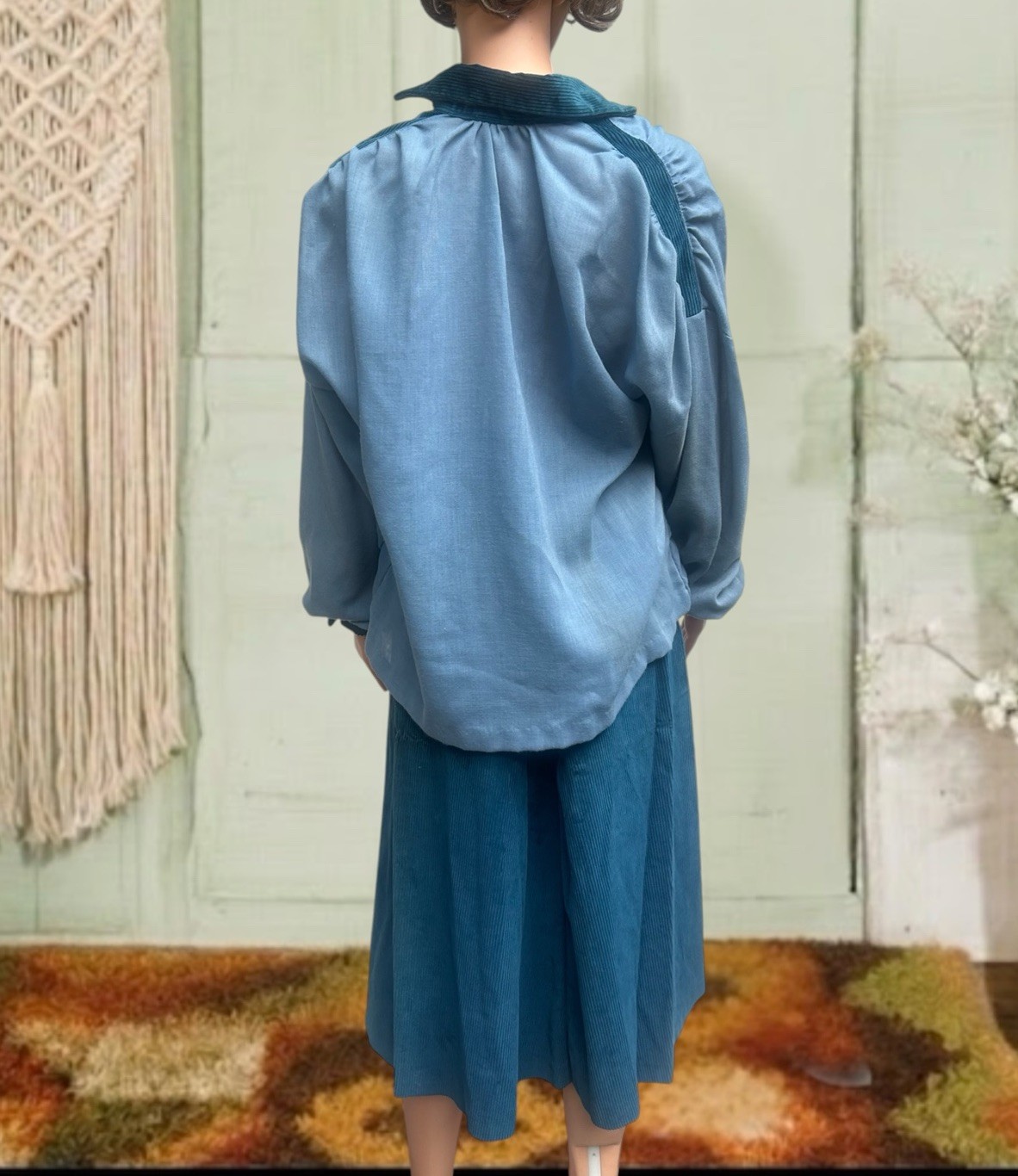 Vintage 1970s 2 Piece Corduroy Skirt And Top Set Turquoise Woven Cotton 26”w