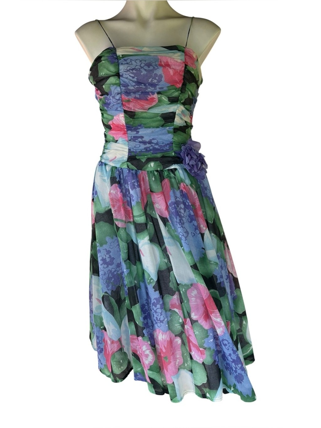 Vintage 80s Floral Chiffon Dress Open Back Fit Flare Party Prom 6 Small