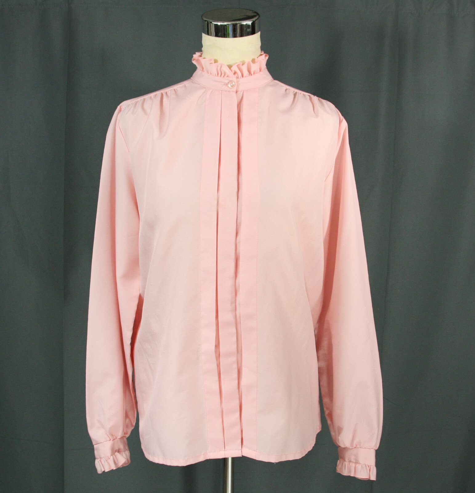 Vintage Lucky Winner High Neck Pleated Front Blouse w Ruffles Pink M 12 1970s