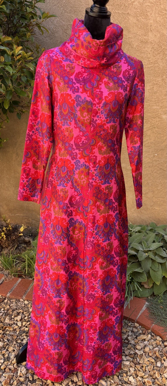 Vintage Thai Silk Bright Pink Psychedelic Cowl Neck Maxi Dress