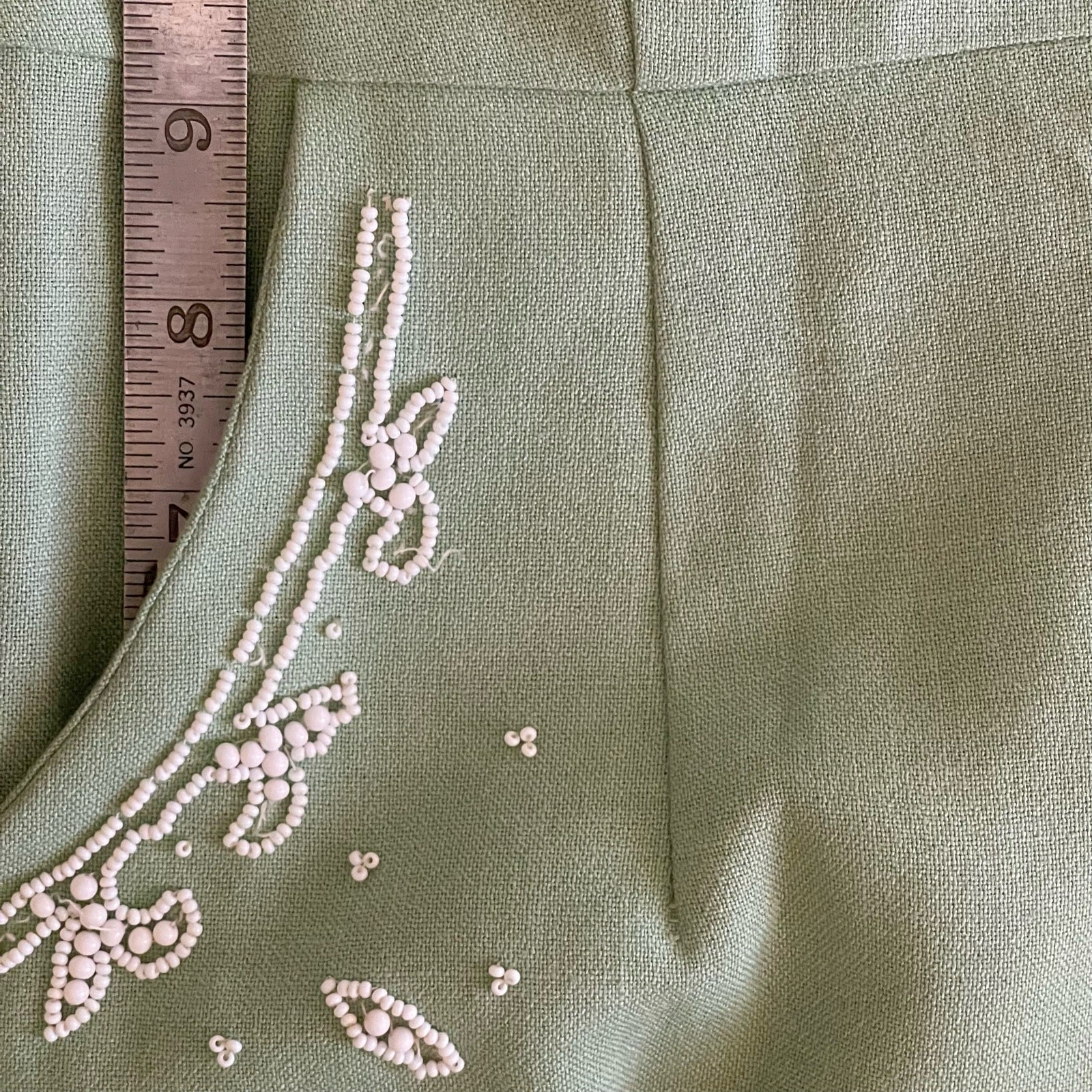 Beaded Sexy Green Wiggle Dress 1960’s Linen A-Line Pencil Skirt W/Pocket Vintage