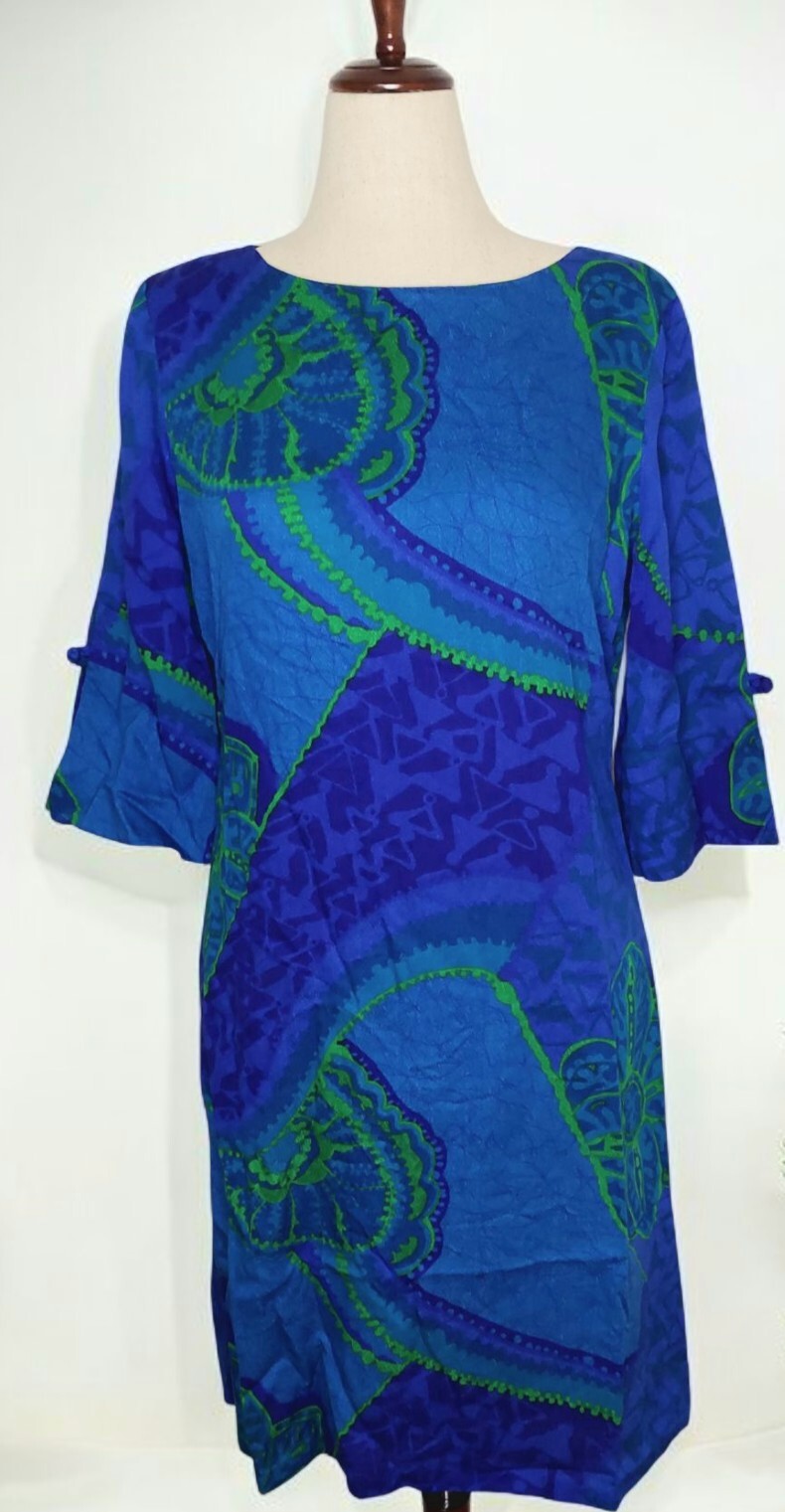 VTG 60’s McInerny Hawaii Polynesian Casuals Midi Dress No Sz Tag Blue/ Green