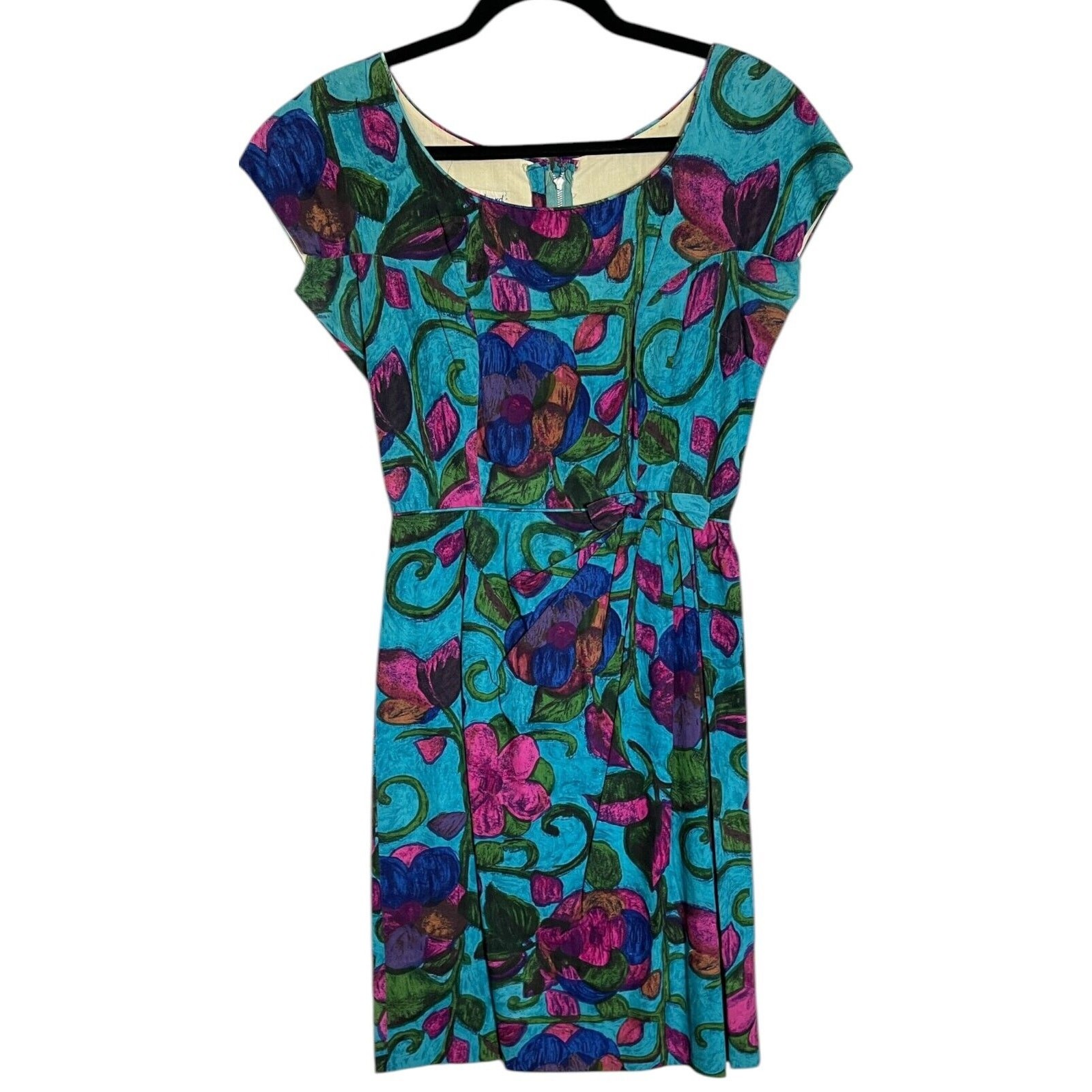 Vintage 60s Tori Richard Watercolor Floral Cotton Lined Sheath Tiki Aloha Pinup