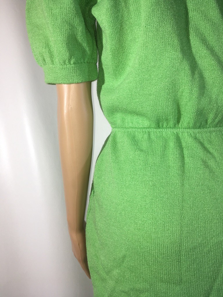 Vintage St. John by Marie Gray Knit Green Dress Puff Sleeves Size 8 1980s V-neck