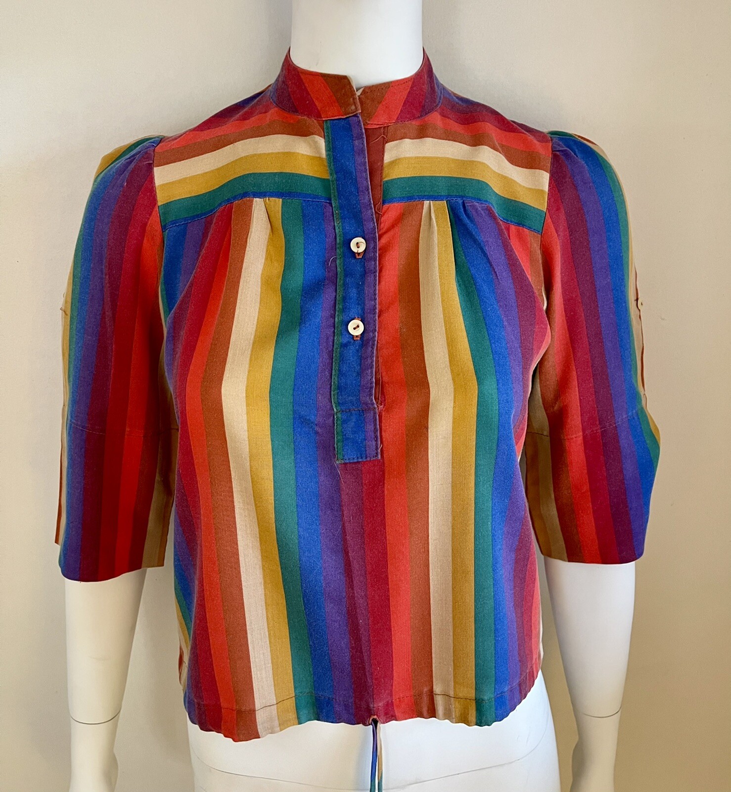 Vintage 1970s or 80s Byer California Rainbow Striped Drawstring Hem Top – Small