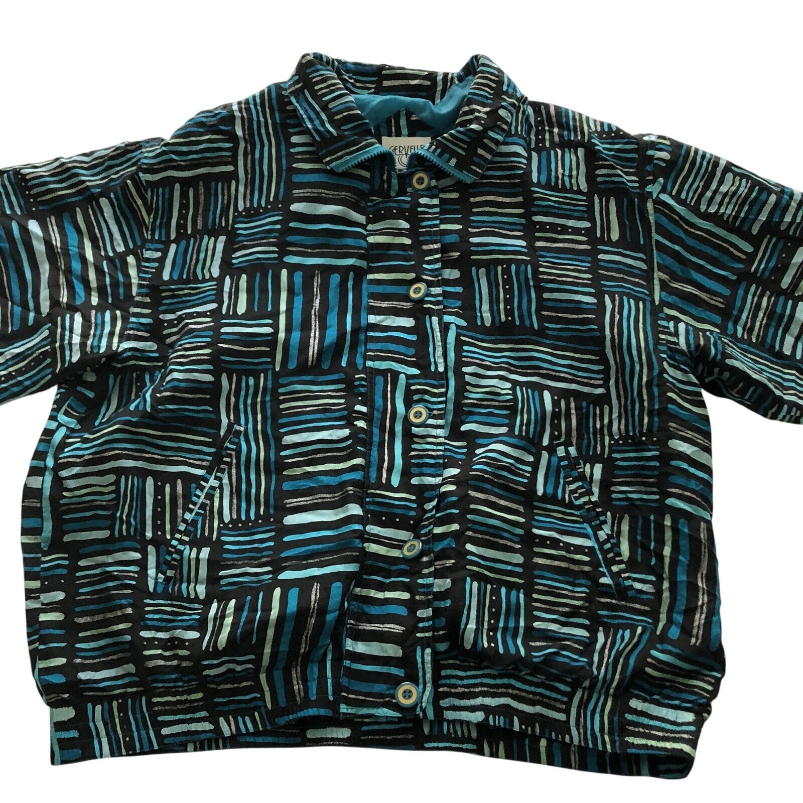 Silk Windbreaker Jacket Vintage Cervelle Blue Black Silver Size Large Lined