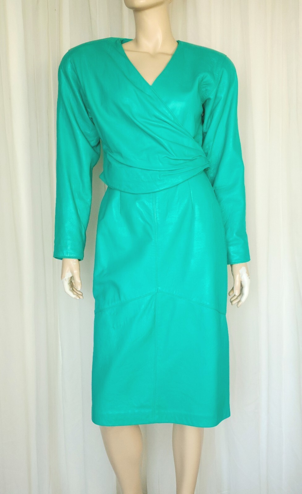 Vtg 80s Rumors n Gossip 2pc Leather Blazer & Skirt Suit Set aquamarine S/M