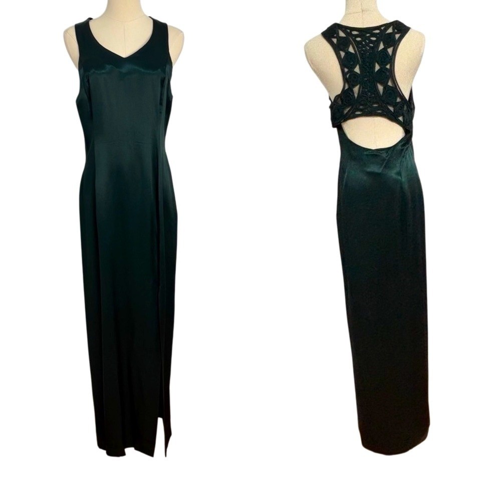 Vtg Jessica McClintock Satin Formal Gown 13/14 Green Backless Sleeveless Dress