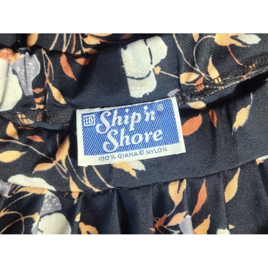 Vintage Floral Skirt Ship 'n Shore Qiana Nylon 26 Inch Waist Black White Midi