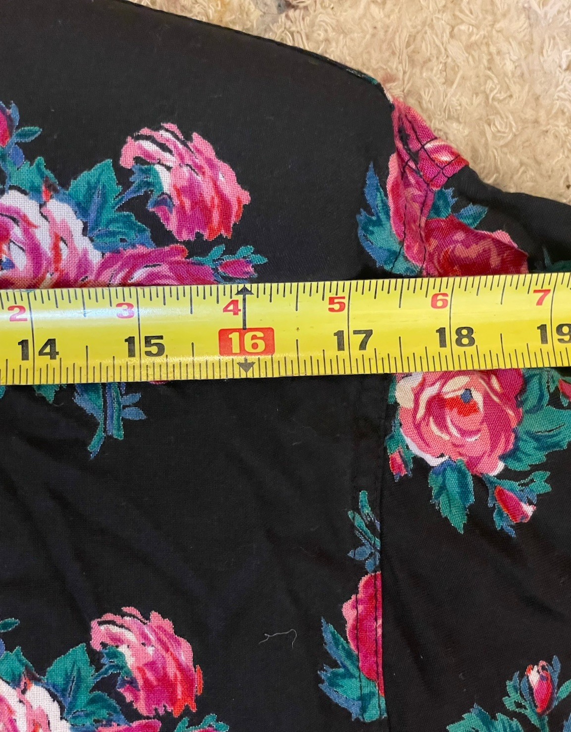 Vintage 80s Peppers Black Pink Rose Print Midi Dress M Rayon Drop Waist LS