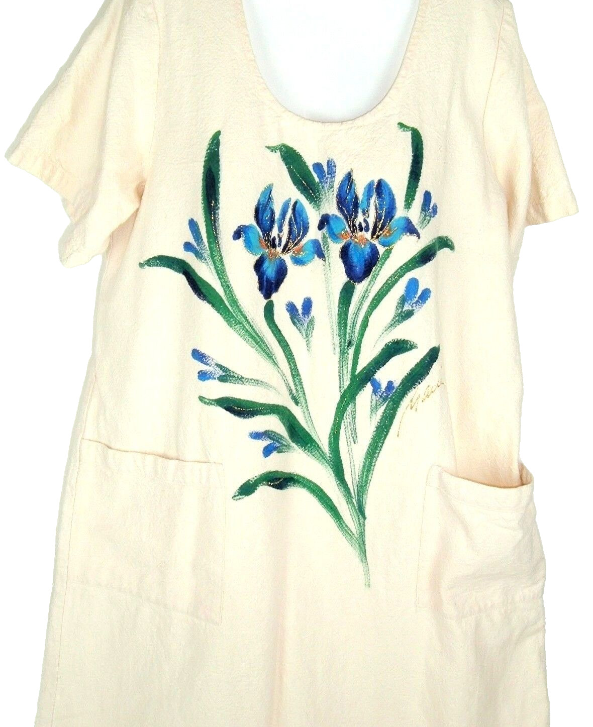 Vtg Dress Celine Maui Hawaii Floral Painted Iris Shift Maxi Art to wear M 44″