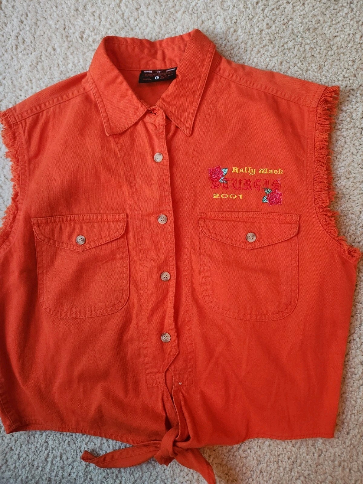 Vtg Sturgis 2001 Biker Rally Sleeveless Frayed Edge Vest Shirt Orange Crop Larg
