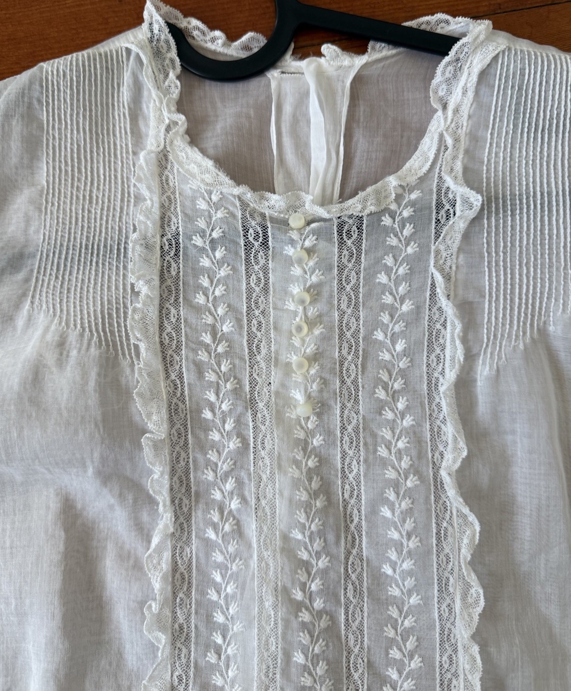 Antique Edwardian 1910s Sheer While Cotton Voile Blouse Embroidered Lace Panels