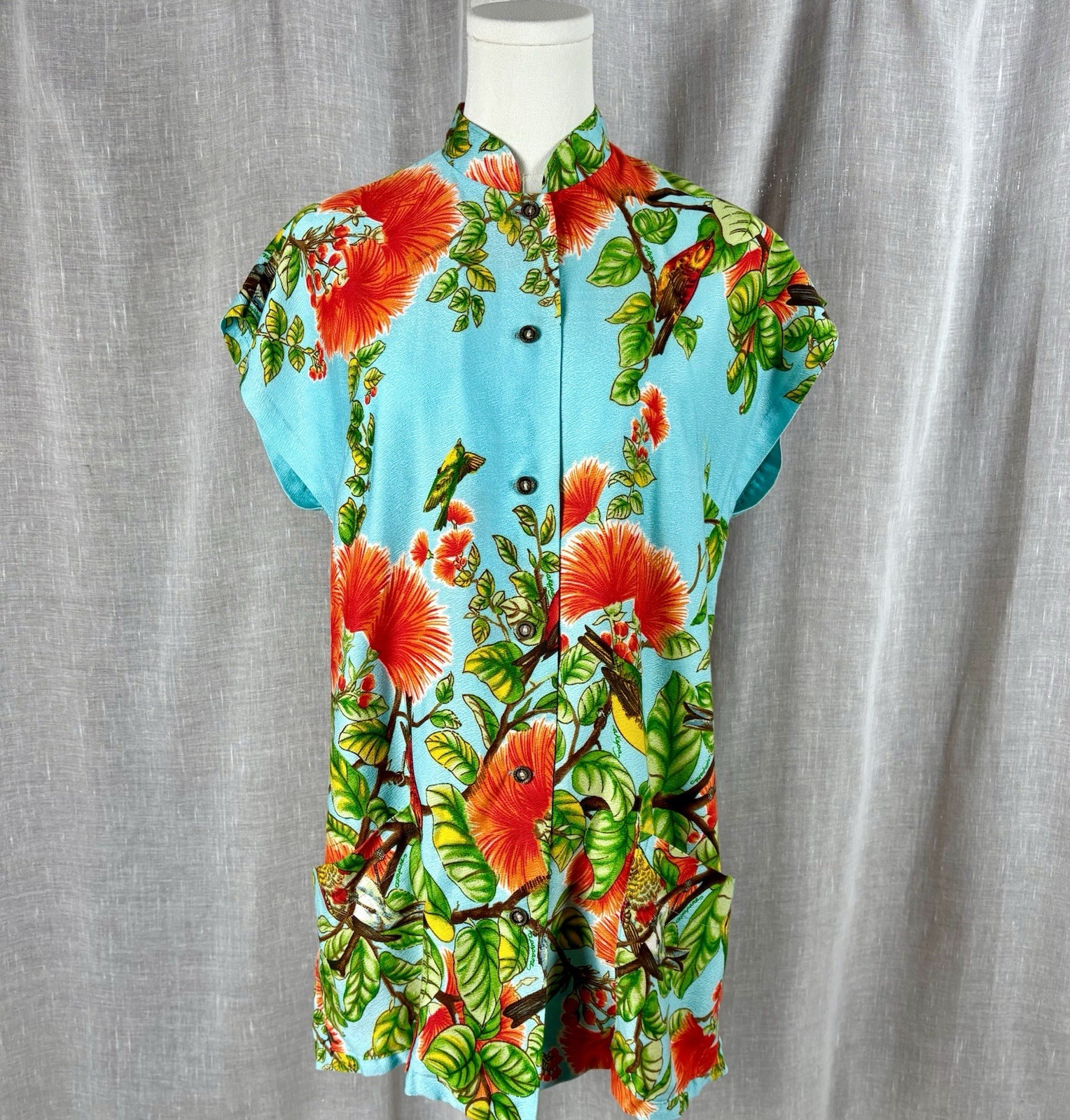 Vintage 60s Elsie Krassas Hawaiian Dress Shirt Barkcloth Tiki O Tea Timer M L