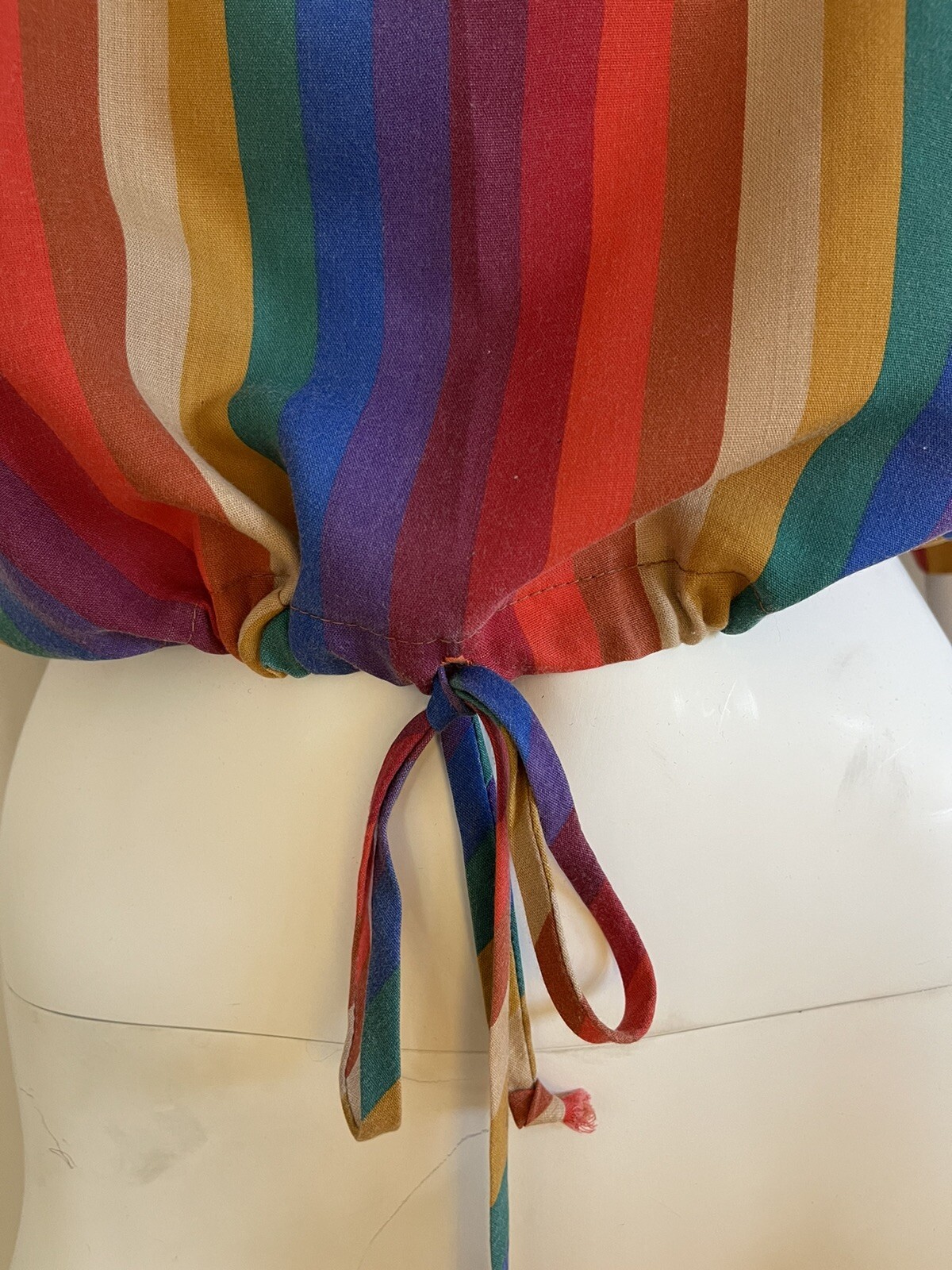 Vintage 1970s or 80s Byer California Rainbow Striped Drawstring Hem Top – Small