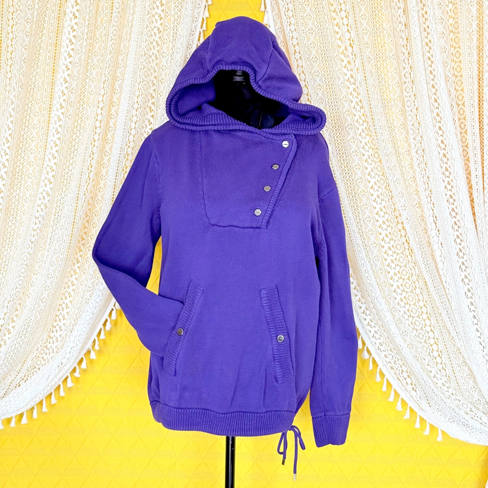 VTG Preppy Old Money LRL Ralph Lauren Hooded Knit Sweater Purple 100% Cotton XL