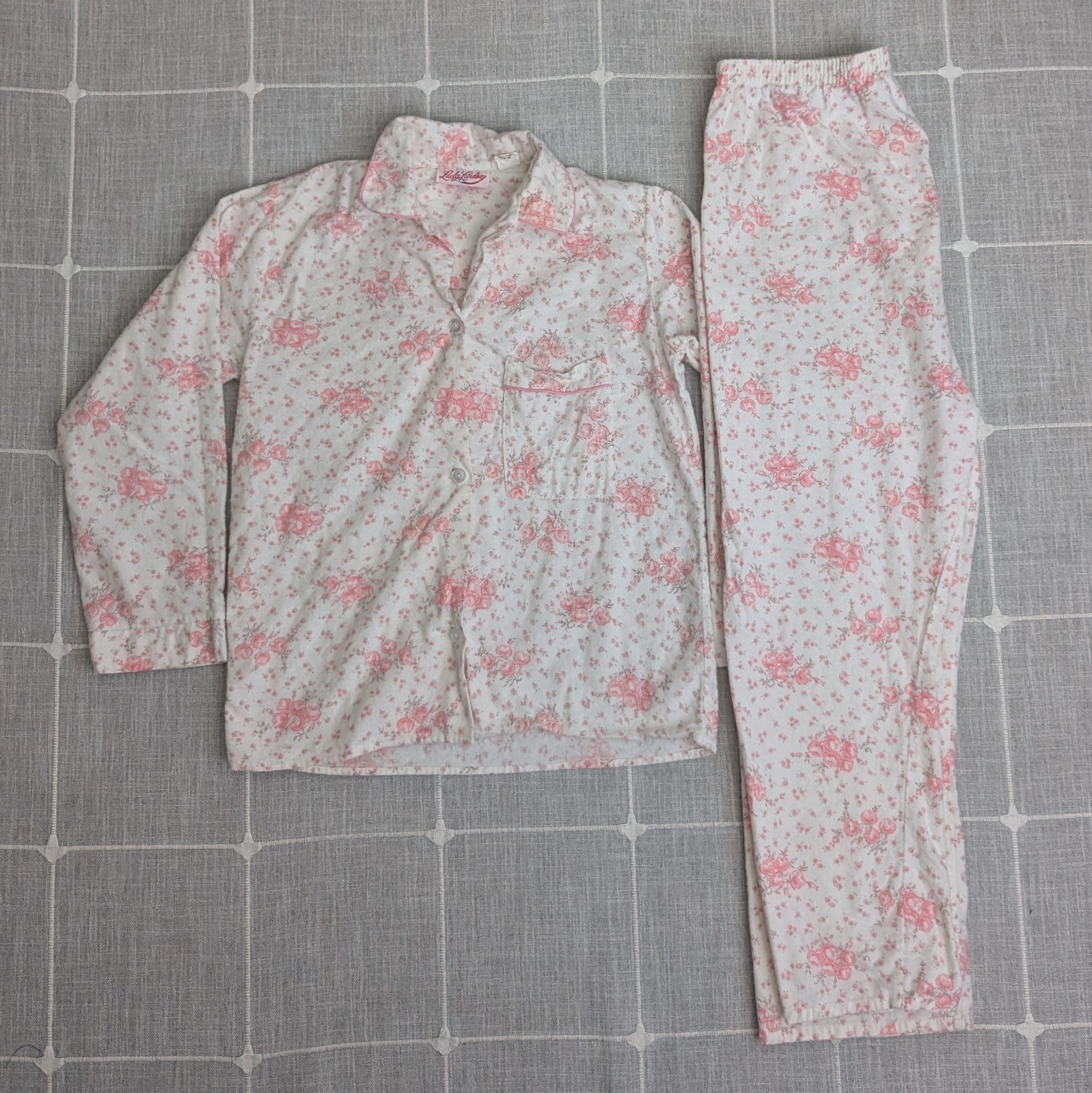 Vintage Floral Pajama Set Womens Small Pink Lady Lindsay Shirt & Pants Cotton