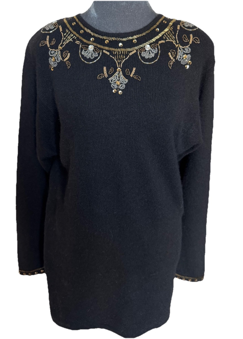Vtg Boundary Waters Black Angora Lambswool Beaded Sweater Tunic M Embellished