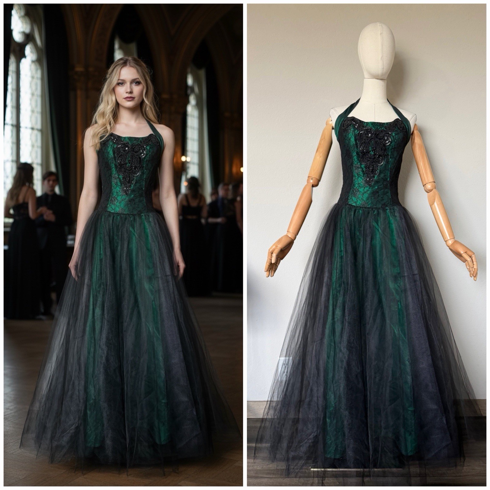 VTG 90s Loralie Metallic Green Black Tulle Whimsigoth Lace Steampunk Dress Sz 6
