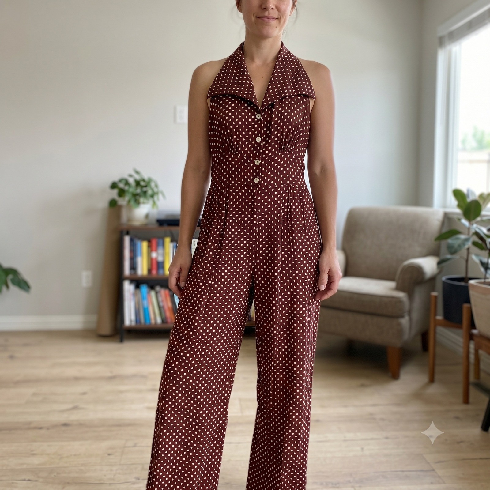 Vintage 70s Soundwear Brown Polka Dot Halter Jumpsuit 100% Rayon Wide Leg Sz 7