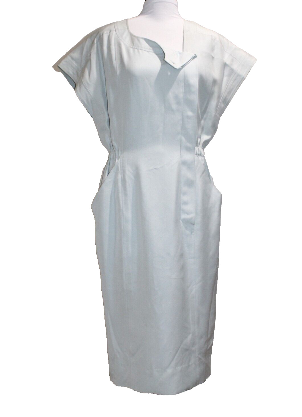 Vintage CHANEL Pale Blue Sheath Silk Dress 80s Square Shoulder Pockets Size 2