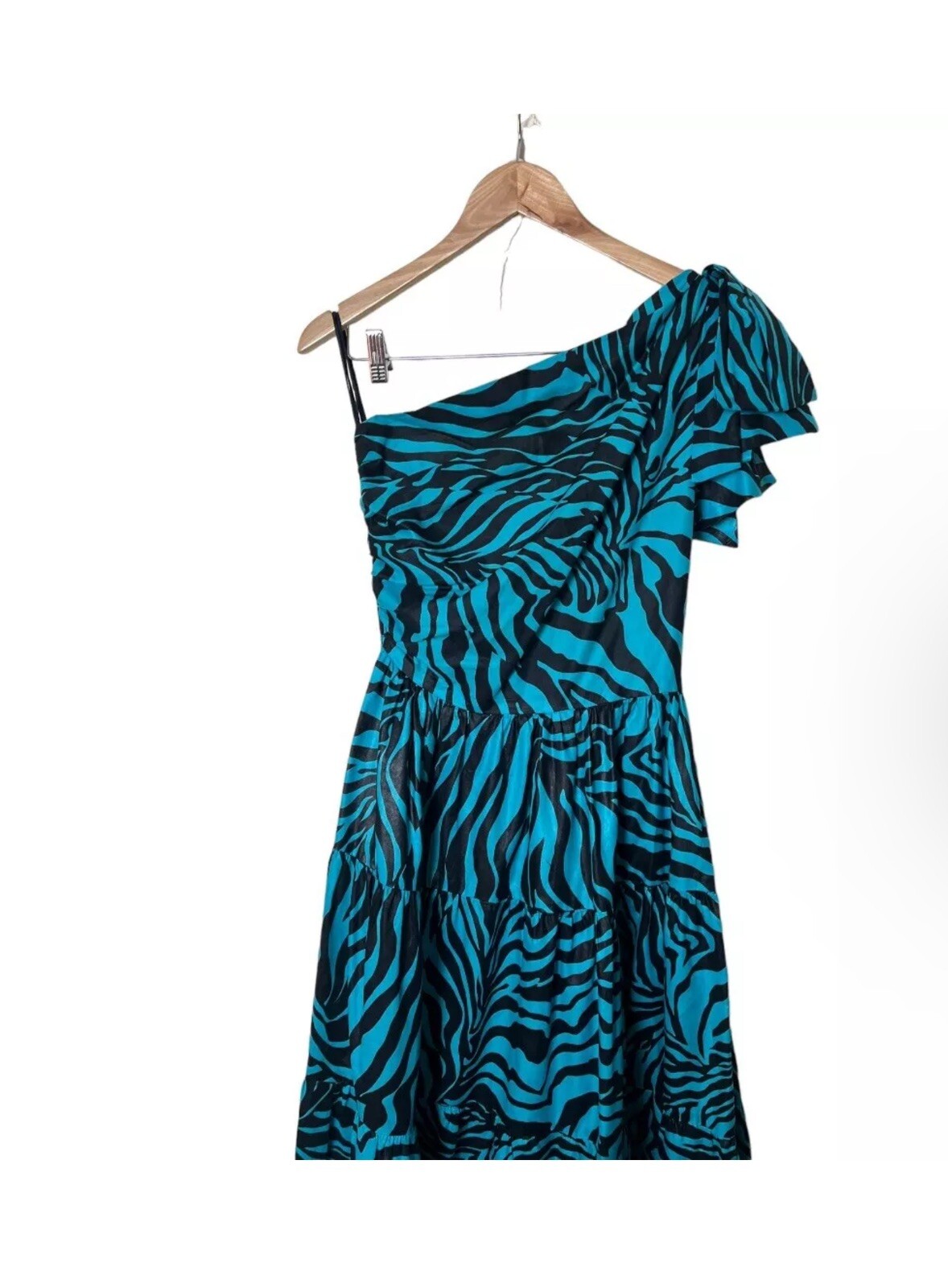 Vintage 70s 80s Mollie Parnis Studio Aqua Black Stripe One Shoulder Dress 2 4