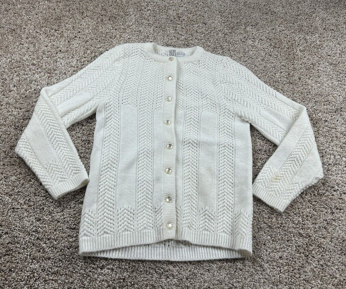 Vintage 60s Billie Jo Cardigan Sweater Medium Womens White Long Sleeve Button Up